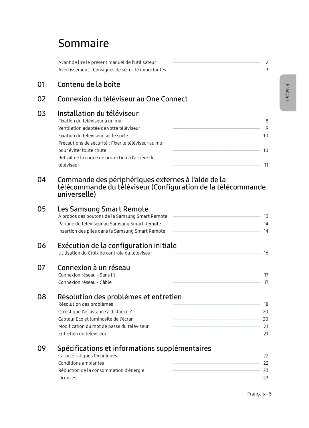 Samsung QE55Q7FNATXXC, QE65Q7FNATXXC manual Sommaire, Exécution de la configuration initiale, Connexion à un réseau 