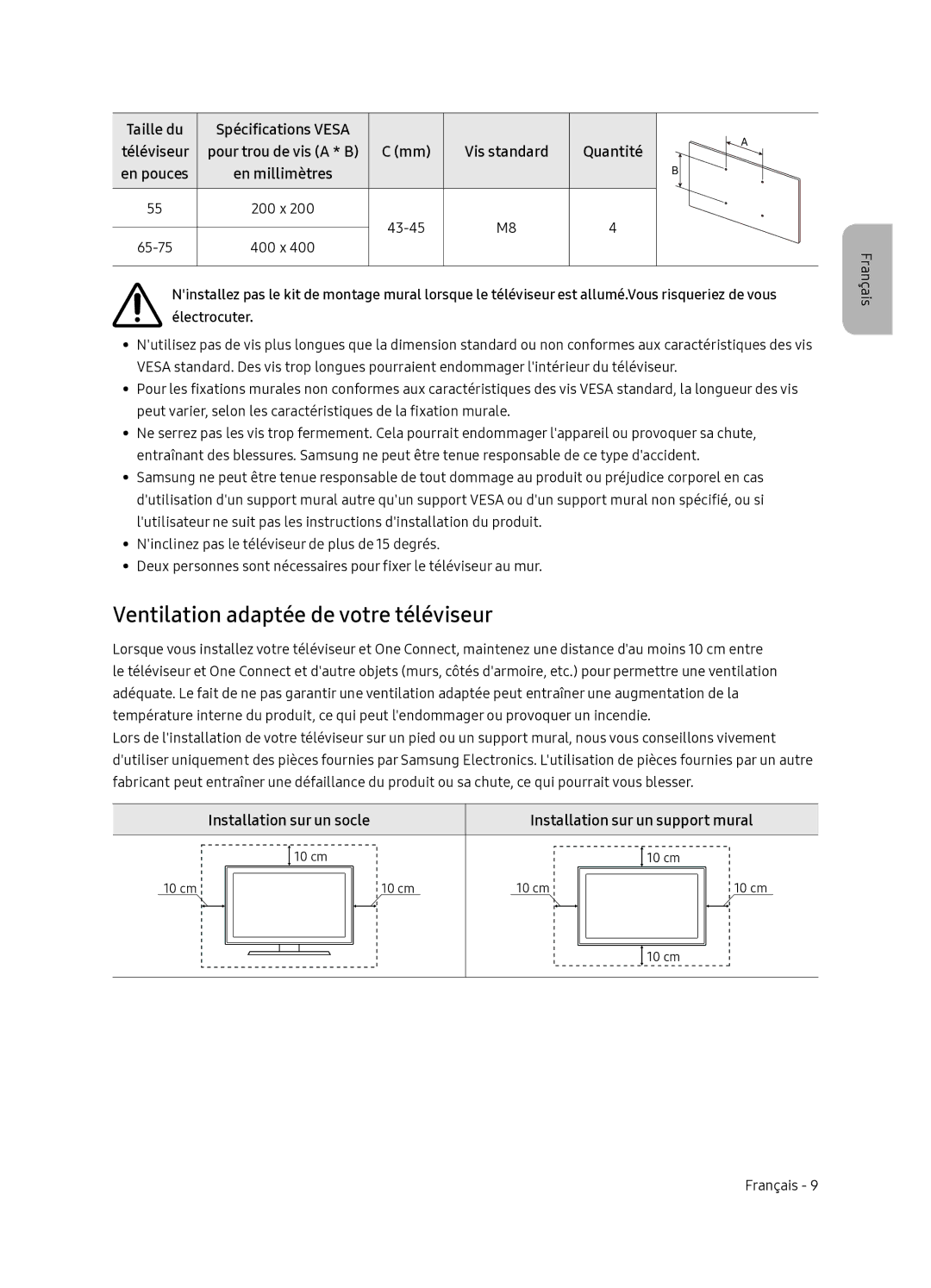 Samsung QE55Q7FNATXXC Ventilation adaptée de votre téléviseur, Installation sur un socle Installation sur un support mural 