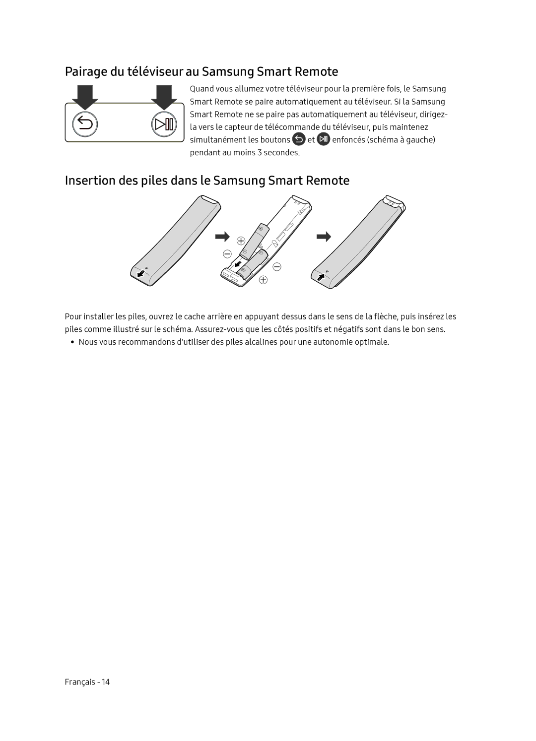 Samsung QE65Q7FNATXXC Pairage du téléviseur au Samsung Smart Remote, Insertion des piles dans le Samsung Smart Remote 