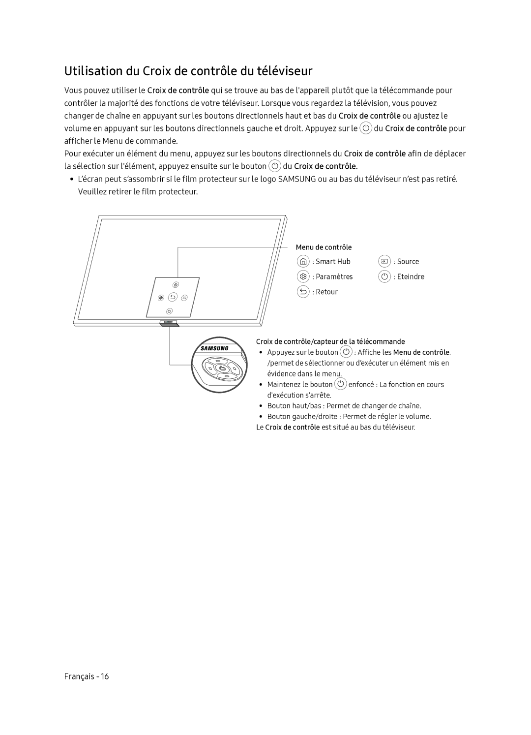 Samsung QE65Q7FNATXXC, QE55Q7FNATXXC manual Utilisation du Croix de contrôle du téléviseur, Menu de contrôle Smart Hub 