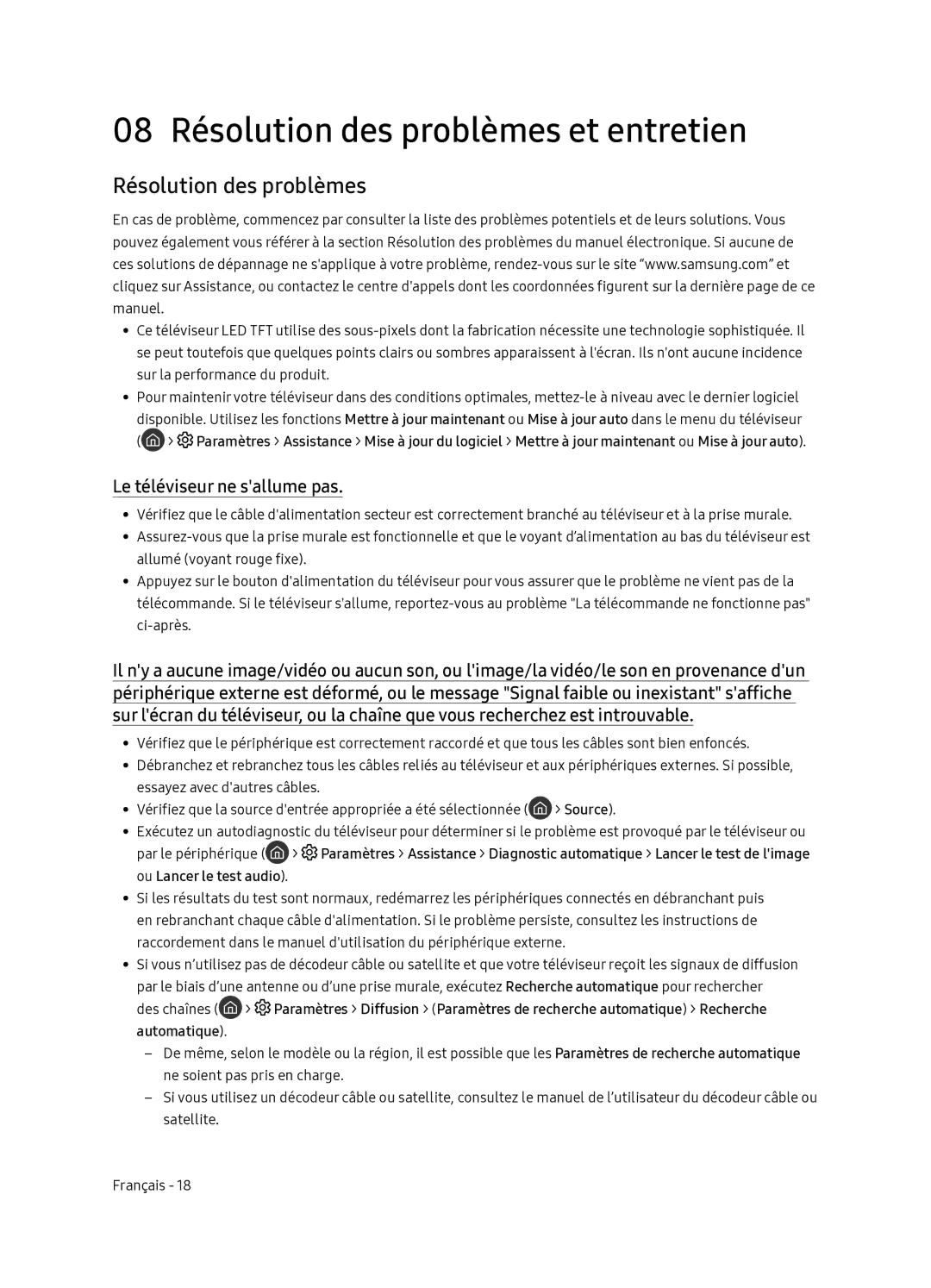 Samsung QE65Q7FNATXXC, QE55Q7FNATXXC manual 08 Résolution des problèmes et entretien, Le téléviseur ne sallume pas 