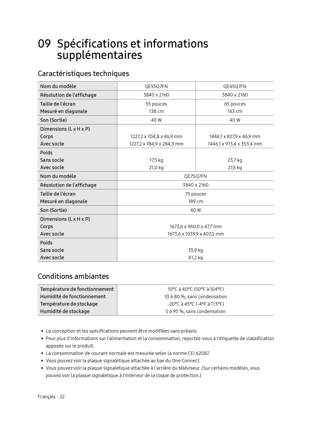 Samsung QE65Q7FNATXXC, QE55Q7FNATXXC manual Caractéristiques techniques, Conditions ambiantes 