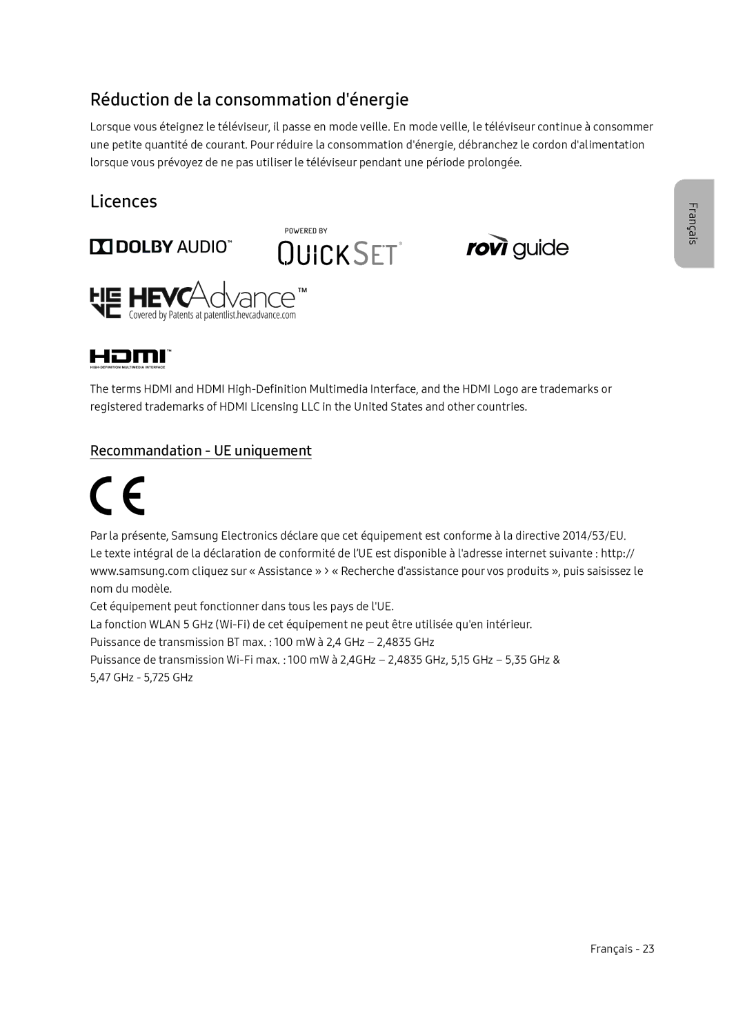 Samsung QE55Q7FNATXXC, QE65Q7FNATXXC manual Réduction de la consommation dénergie, Recommandation UE uniquement 