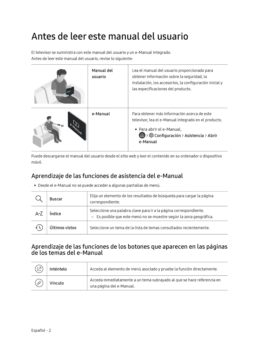 Samsung QE65Q7FNATXXC Antes de leer este manual del usuario, Aprendizaje de las funciones de asistencia del e-Manual 