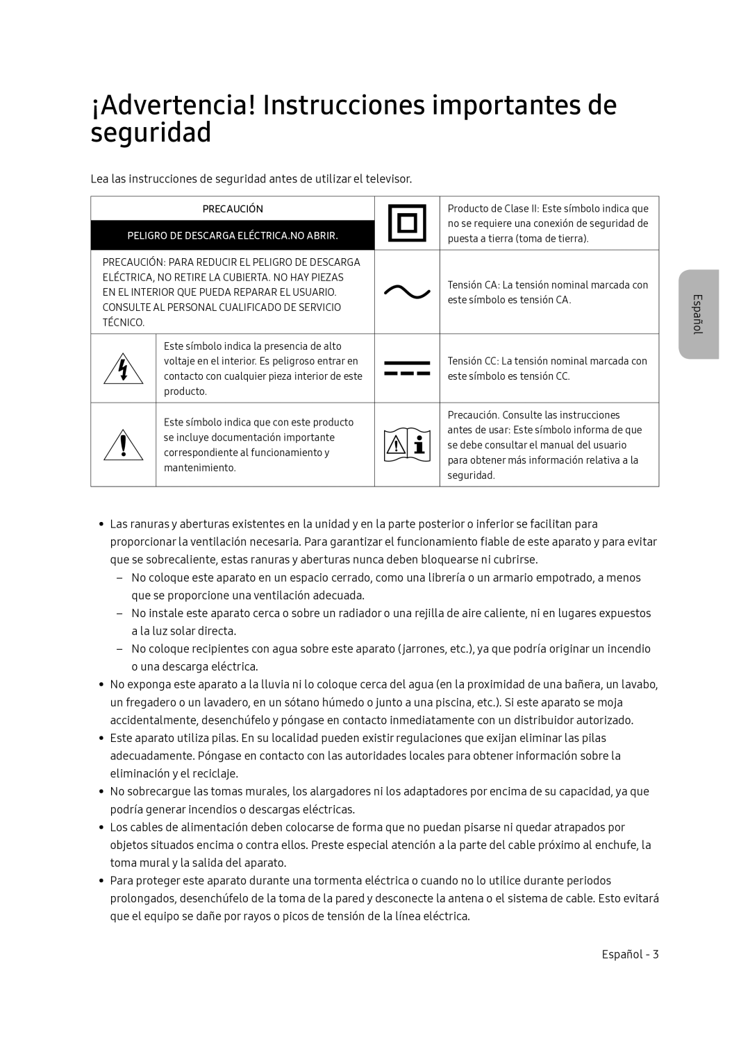 Samsung QE55Q7FNATXXC manual ¡Advertencia! Instrucciones importantes de seguridad, Peligro DE Descarga ELÉCTRICA.NO Abrir 