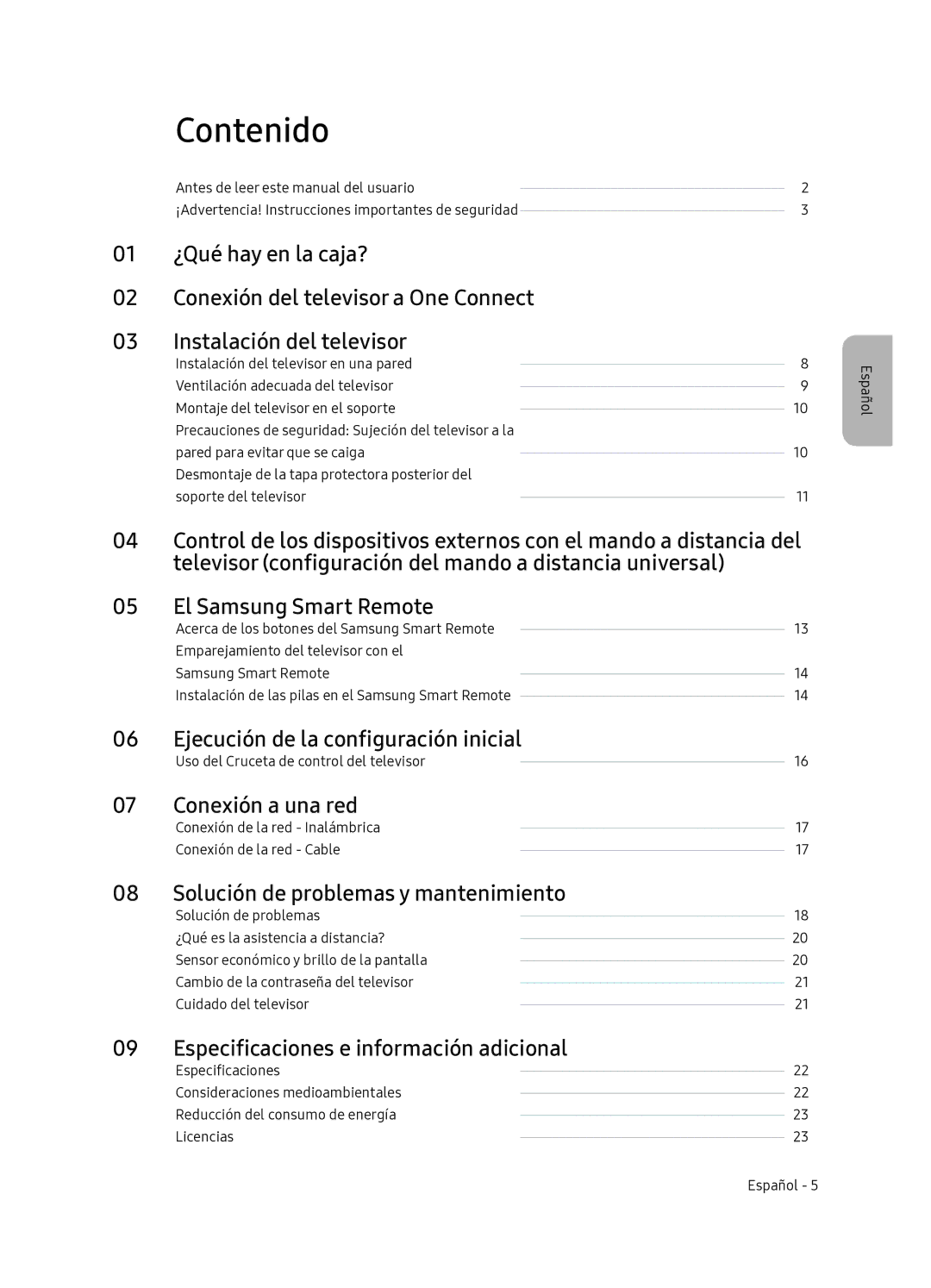 Samsung QE55Q7FNATXXC, QE65Q7FNATXXC manual Contenido, Ejecución de la configuración inicial, Conexión a una red 