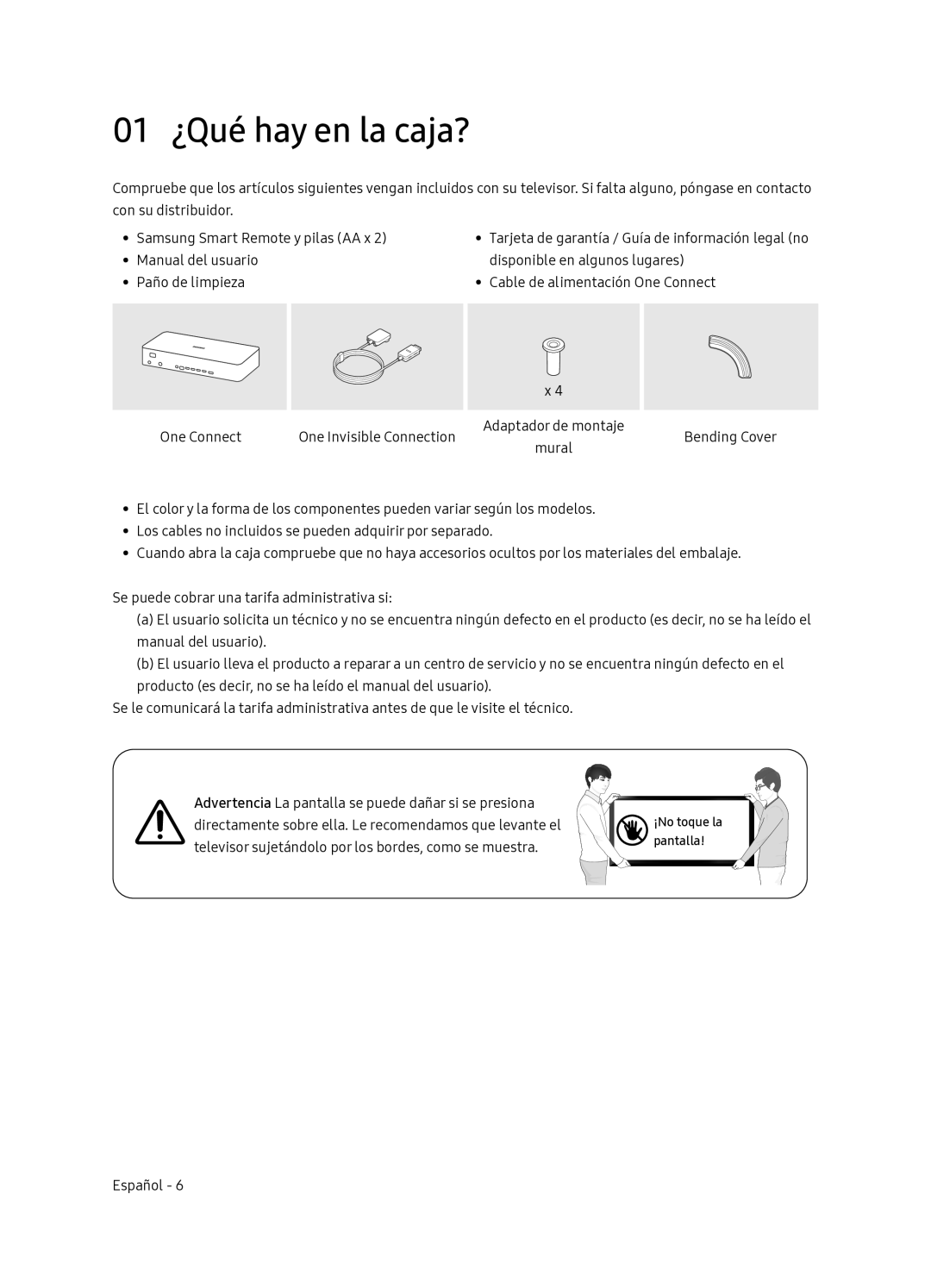 Samsung QE65Q7FNATXXC, QE55Q7FNATXXC manual 01 ¿Qué hay en la caja?, Pantalla 