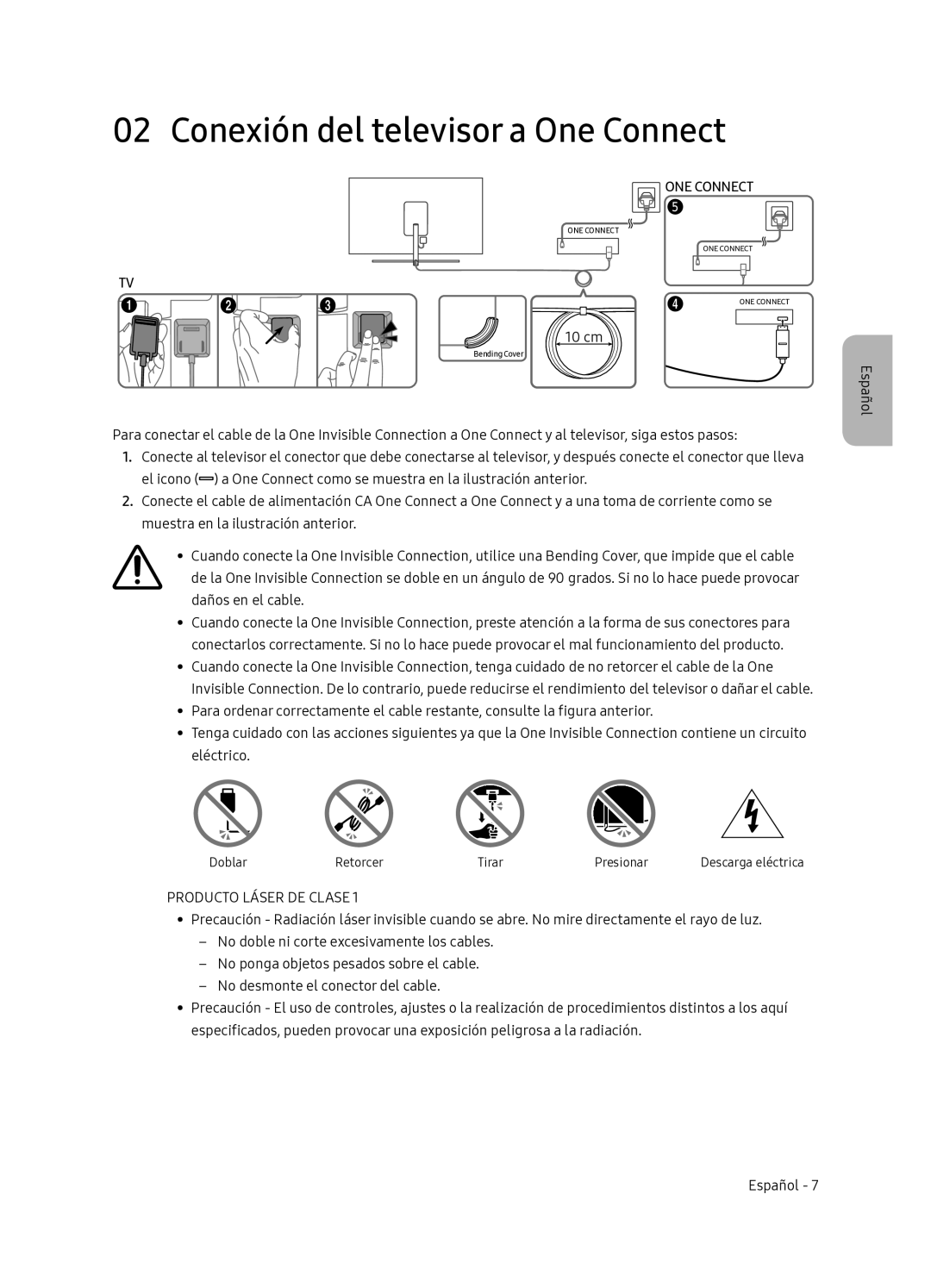 Samsung QE55Q7FNATXXC, QE65Q7FNATXXC manual Conexión del televisor a One Connect, Producto Láser DE Clase 