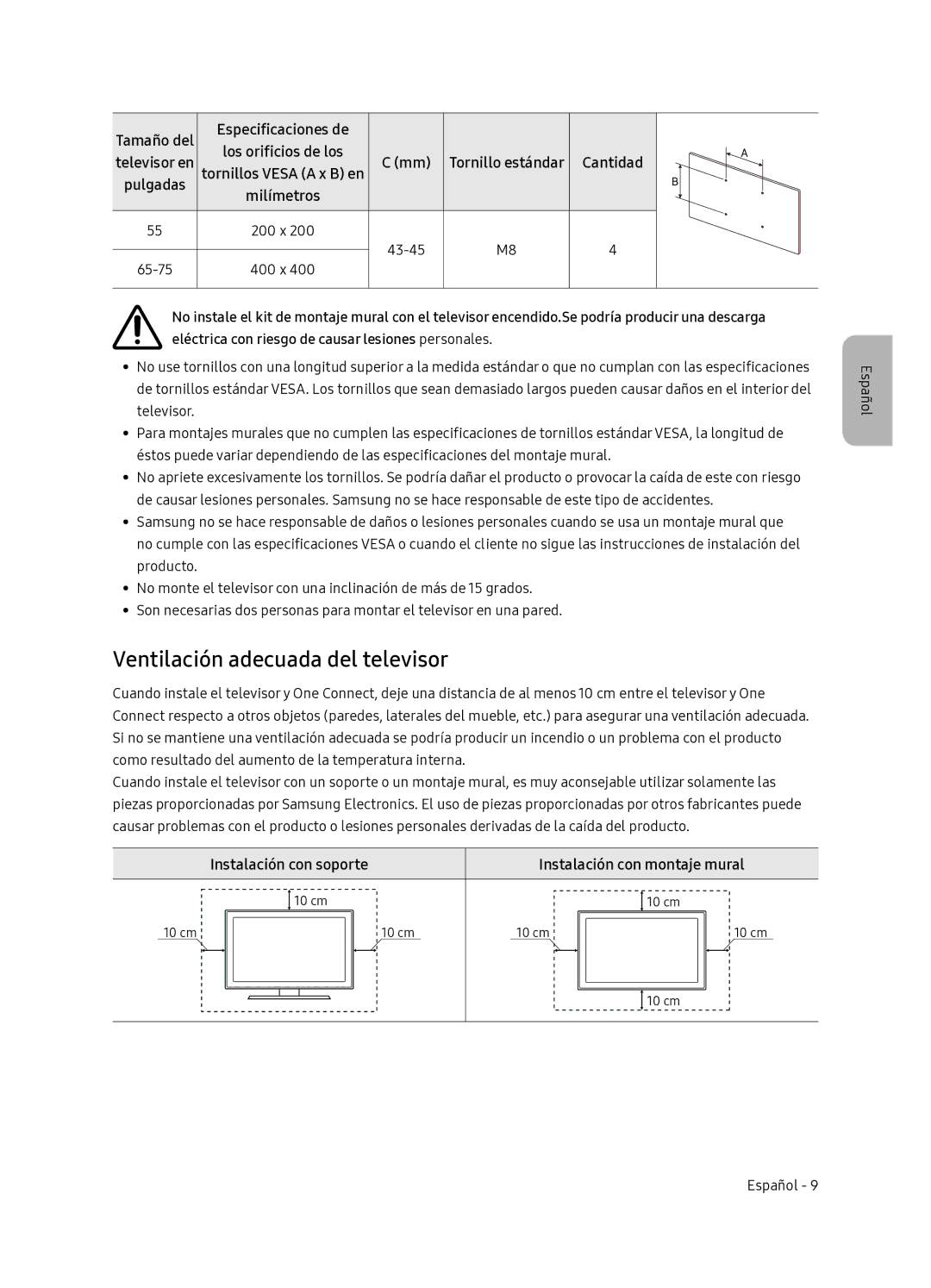 Samsung QE55Q7FNATXXC Ventilación adecuada del televisor, Instalación con soporte Instalación con montaje mural, Cantidad 