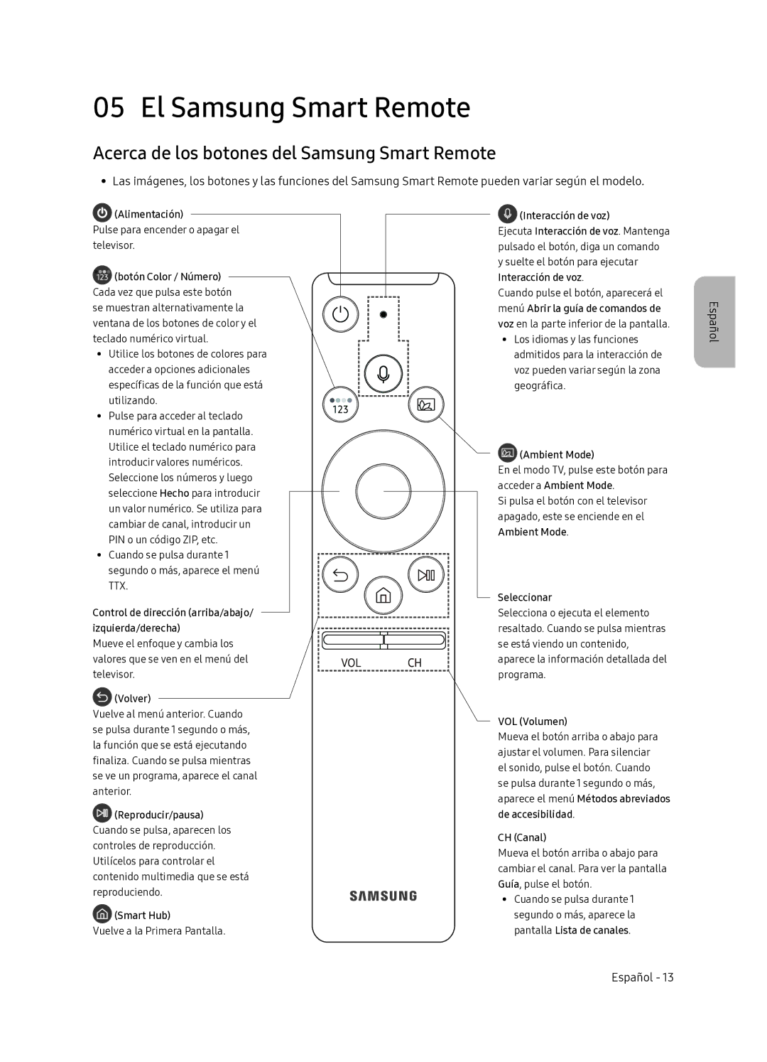 Samsung QE55Q7FNATXXC, QE65Q7FNATXXC manual El Samsung Smart Remote, Acerca de los botones del Samsung Smart Remote 