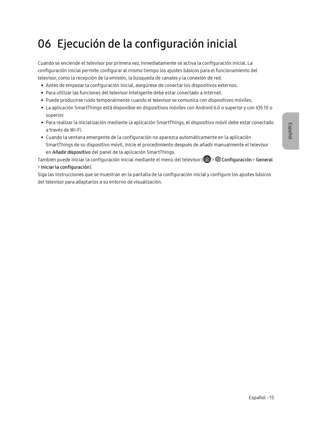 Samsung QE55Q7FNATXXC manual Ejecución de la configuración inicial, Configuración General, Iniciar la configuración 