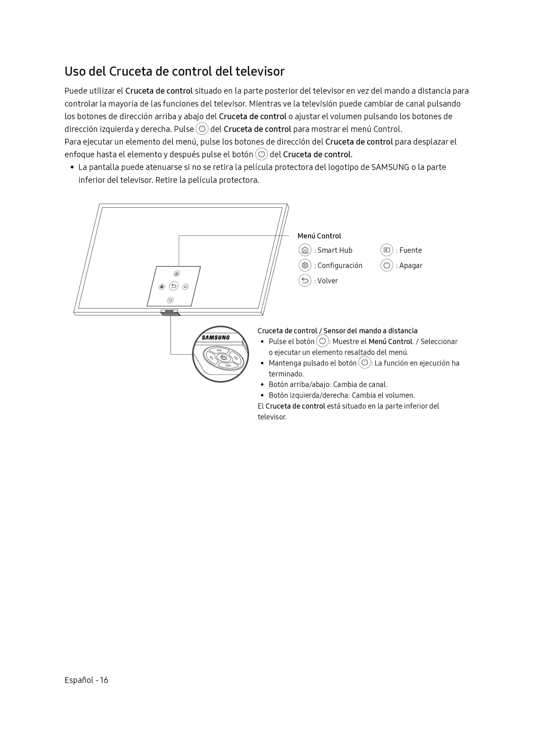 Samsung QE65Q7FNATXXC, QE55Q7FNATXXC manual Uso del Cruceta de control del televisor, Menú Control 