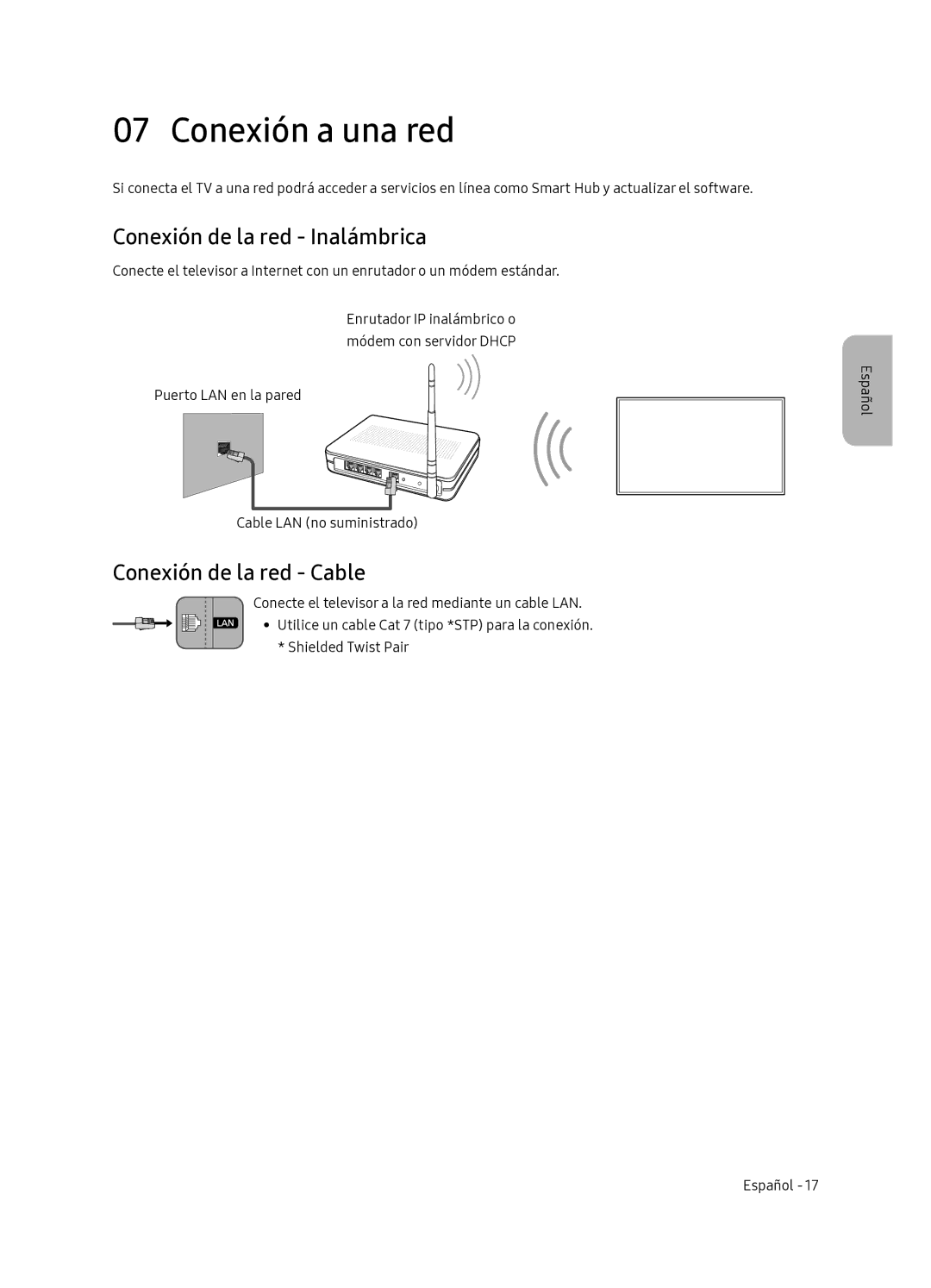 Samsung QE55Q7FNATXXC, QE65Q7FNATXXC manual Conexión a una red, Conexión de la red Inalámbrica, Conexión de la red Cable 