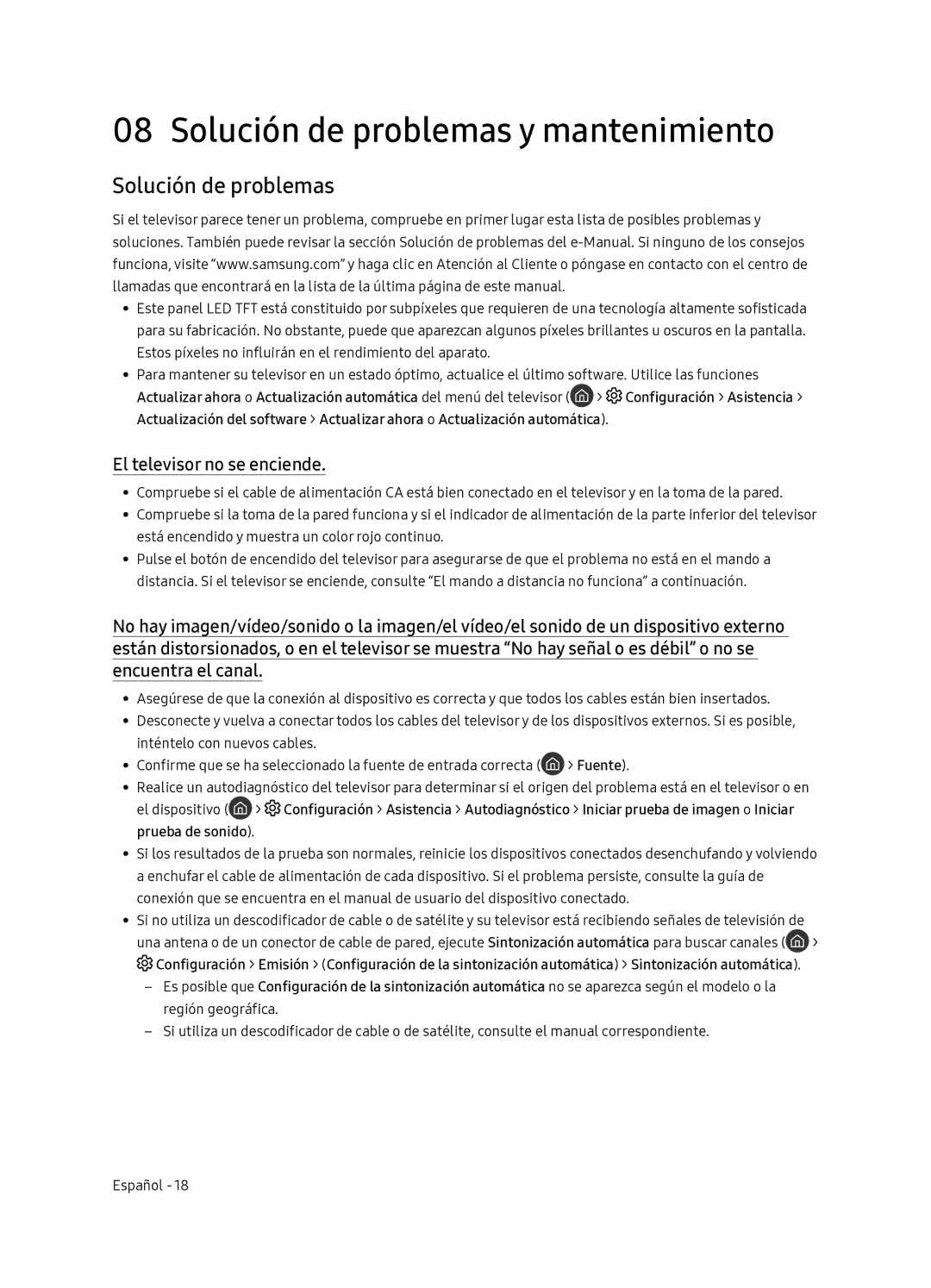 Samsung QE65Q7FNATXXC Solución de problemas y mantenimiento, El televisor no se enciende, El dispositivo, Prueba de sonido 