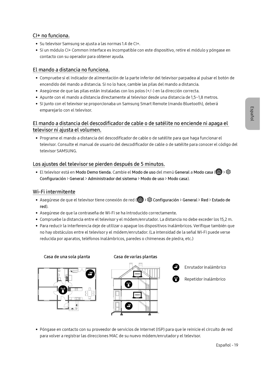 Samsung QE55Q7FNATXXC, QE65Q7FNATXXC manual CI+ no funciona, El mando a distancia no funciona, Wi-Fi intermitente 