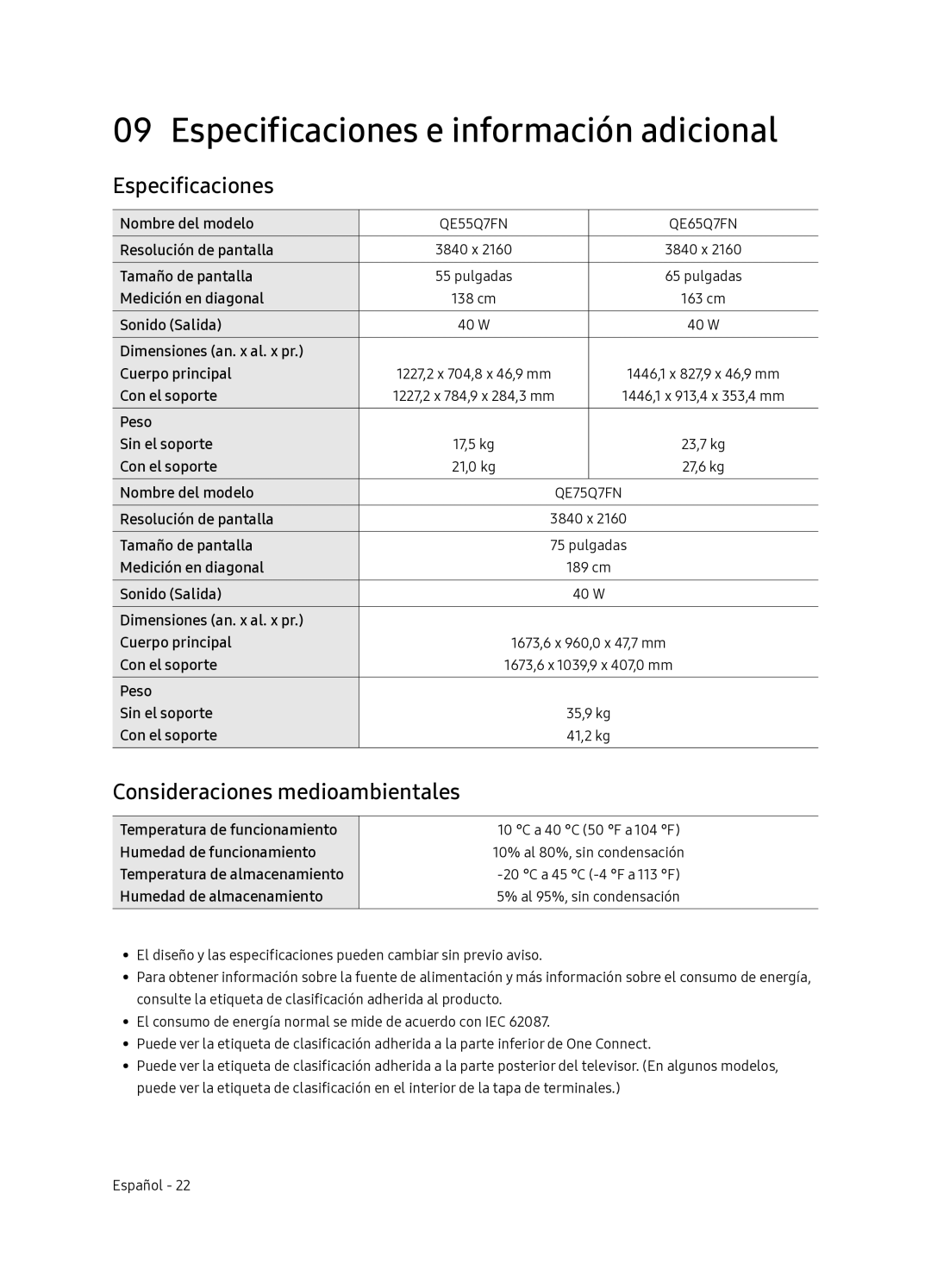 Samsung QE65Q7FNATXXC, QE55Q7FNATXXC manual Especificaciones e información adicional, Consideraciones medioambientales 