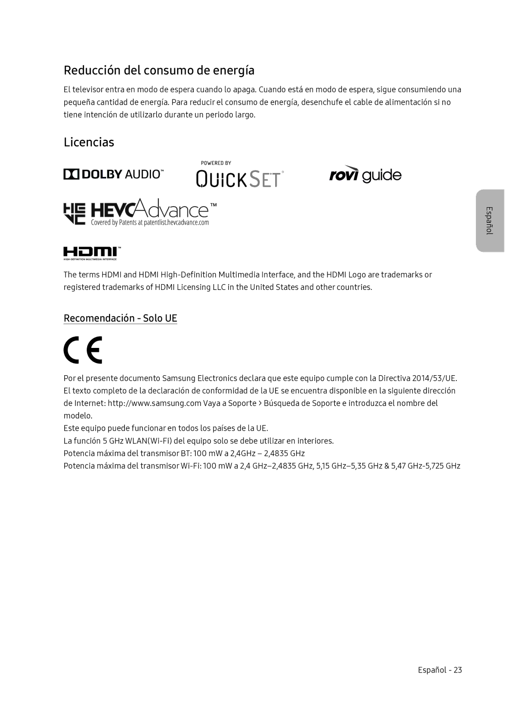 Samsung QE55Q7FNATXXC, QE65Q7FNATXXC manual Reducción del consumo de energía, Licencias, Recomendación Solo UE 