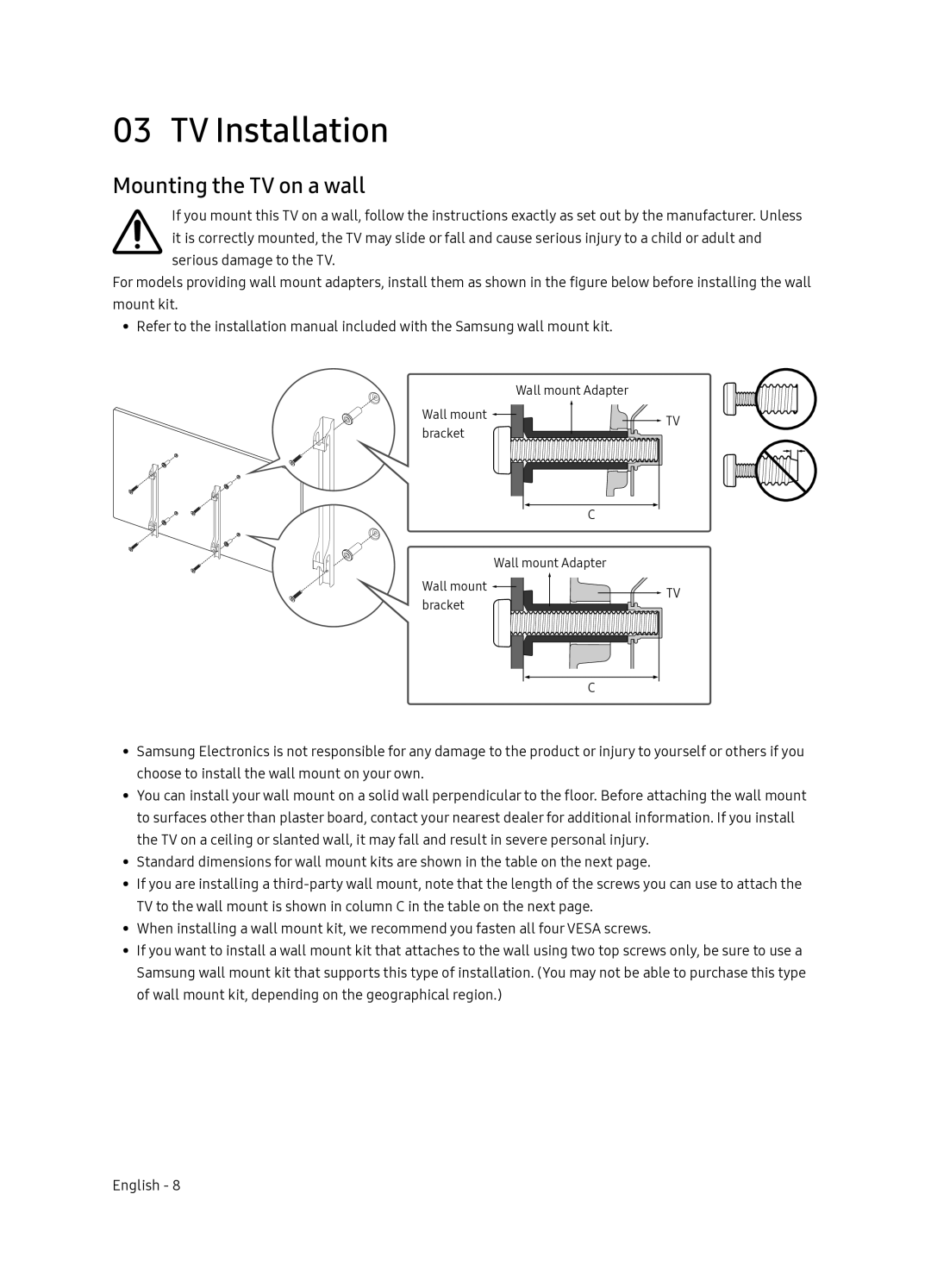 Samsung QE65Q7FNATXXC, QE55Q7FNATXXC manual TV Installation, Mounting the TV on a wall 