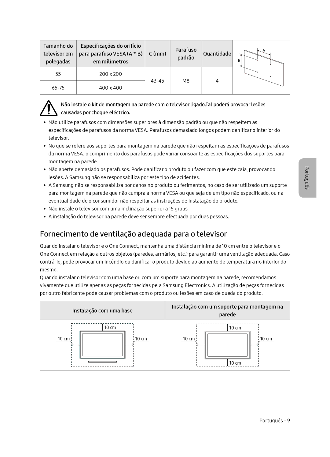 Samsung QE55Q7FNATXXC manual Fornecimento de ventilação adequada para o televisor, Tamanho do, Parafuso Televisor em 