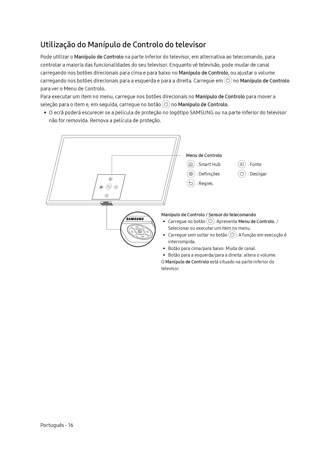 Samsung QE65Q7FNATXXC, QE55Q7FNATXXC manual Utilização do Manípulo de Controlo do televisor, Menu de Controlo Smart Hub 