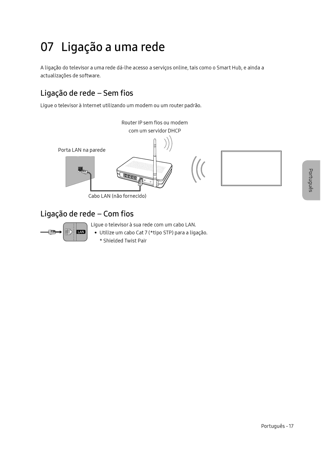 Samsung QE55Q7FNATXXC, QE65Q7FNATXXC manual Ligação a uma rede, Ligação de rede Sem fios, Ligação de rede Com fios 