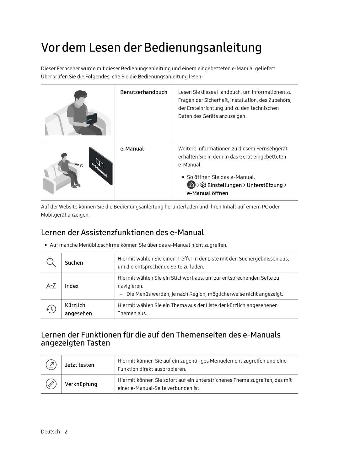 Samsung QE65Q7FNATXXC, QE55Q7FNATXXC Vor dem Lesen der Bedienungsanleitung, Lernen der Assistenzfunktionen des e-Manual 