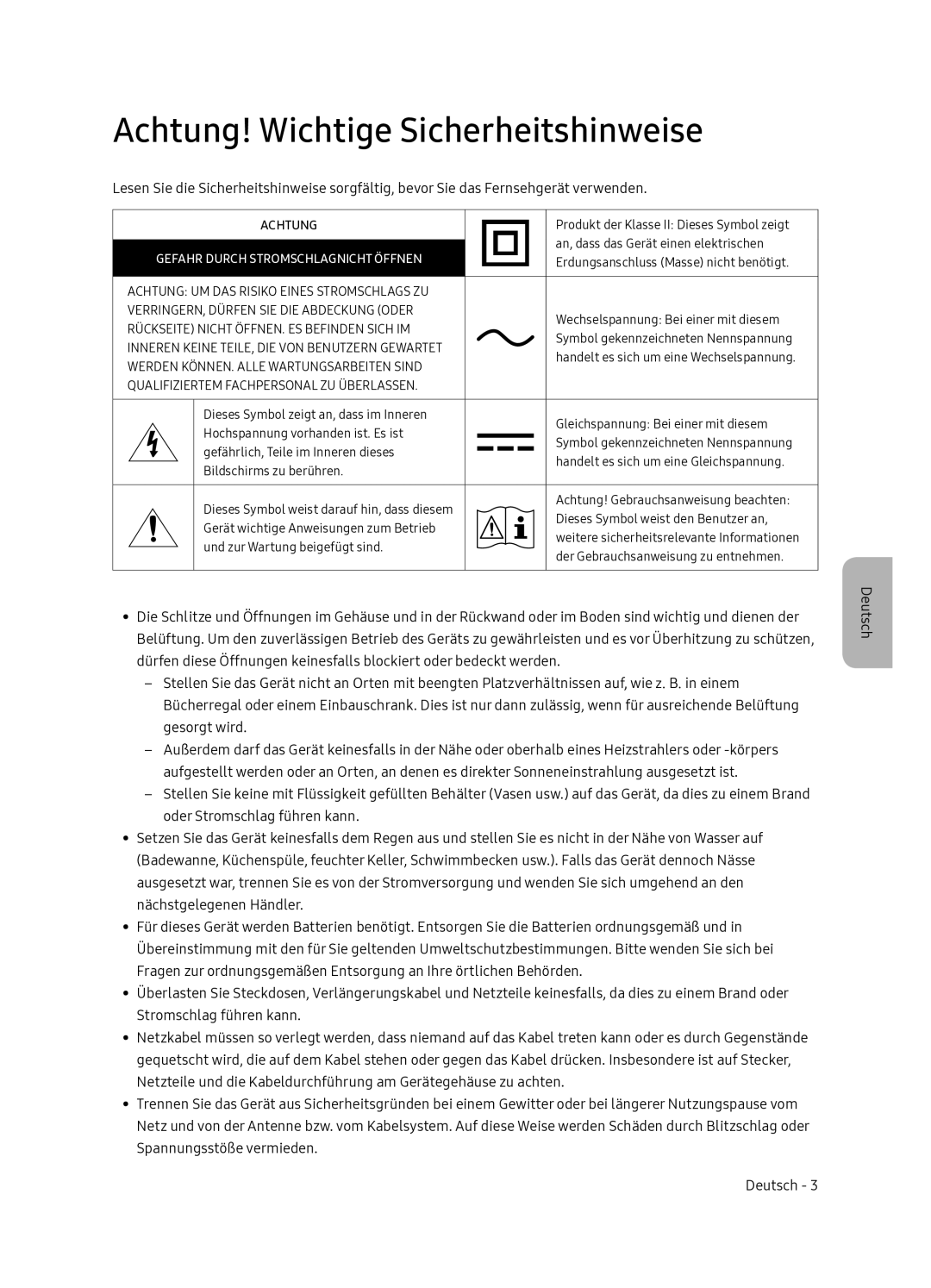 Samsung QE55Q7FNATXXC, QE65Q7FNATXXC manual Achtung! Wichtige Sicherheitshinweise, Gefahr Durch Stromschlagnicht Öffnen 