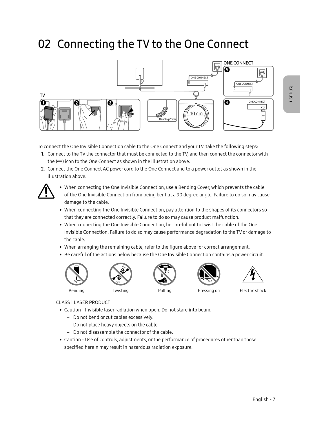 Samsung QE65Q7FNAUXRU manual Connecting the TV to the One Connect, Class 1 Laser Product 