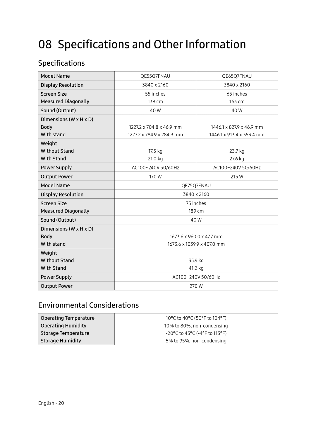 Samsung QE65Q7FNAUXRU manual Specifications and Other Information, Environmental Considerations 