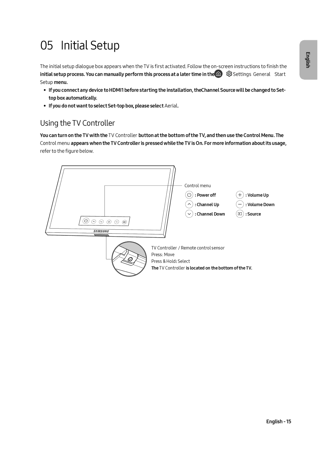 Samsung QE75Q8CAMTXSQ, QE65Q8CAMTXSQ manual Initial Setup, Using the TV Controller 