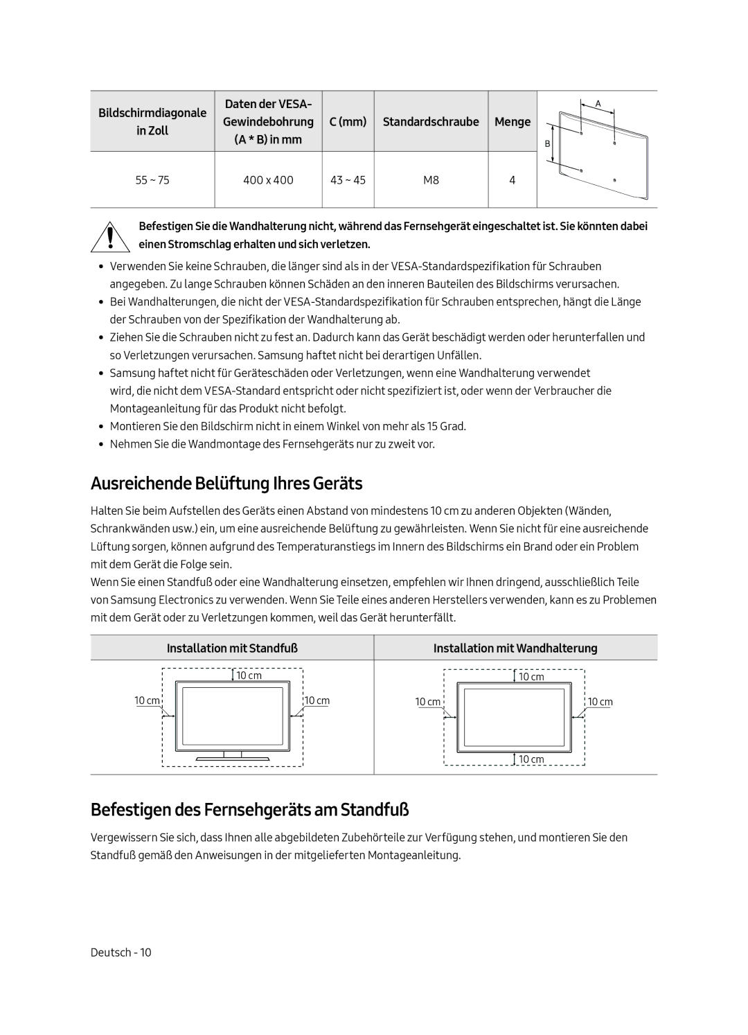 Samsung QE75Q8CAMTXXC, QE65Q8CAMTXZG manual Ausreichende Belüftung Ihres Geräts, Befestigen des Fernsehgeräts am Standfuß 