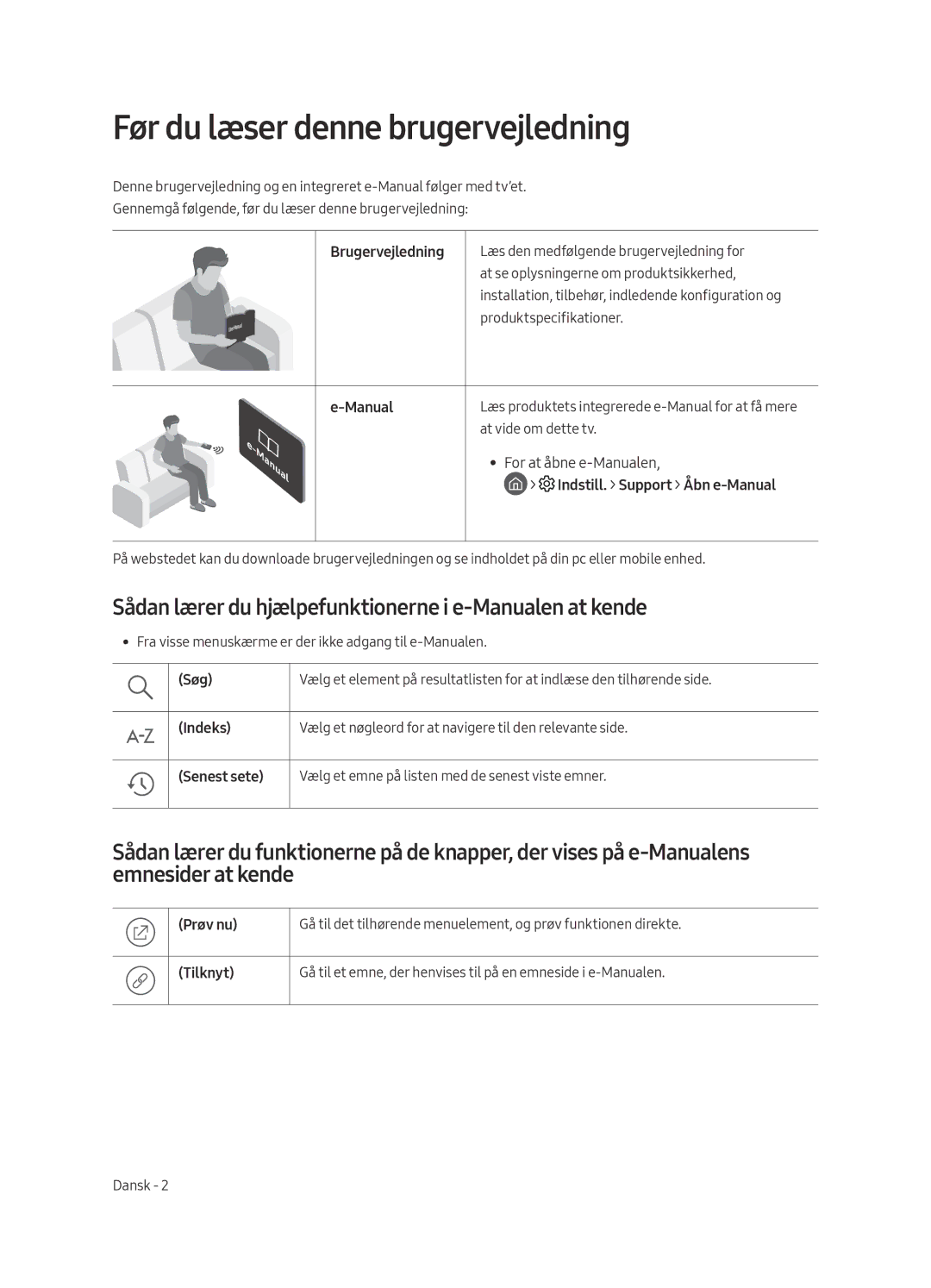 Samsung QE65Q8CAMTXXH manual Før du læser denne brugervejledning, Sådan lærer du hjælpefunktionerne i e-Manualen at kende 