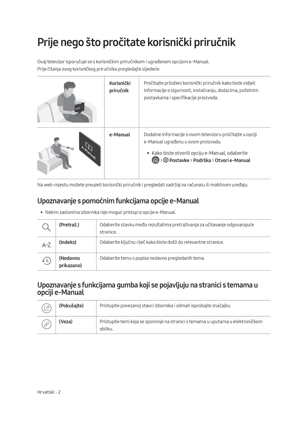 Samsung QE75Q8CAMTXZG Prije nego što pročitate korisnički priručnik, Upoznavanje s pomoćnim funkcijama opcije e-Manual 