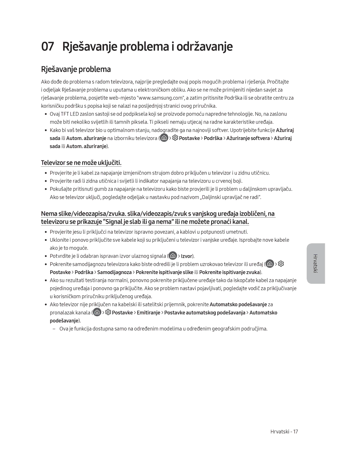 Samsung QE55Q8CAMTXXH, QE65Q8CAMTXZG manual 07 Rješavanje problema i održavanje, Televizor se ne može uključiti, Izvor 