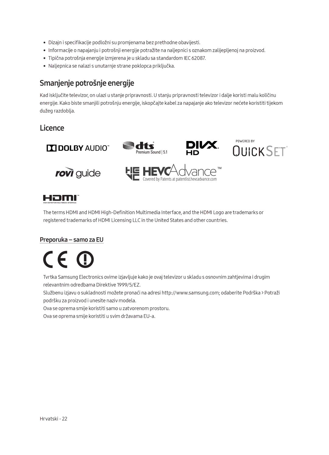 Samsung QE55Q8CAMTXXC, QE65Q8CAMTXZG, QE55Q8CAMTXXH manual Smanjenje potrošnje energije, Licence, Preporuka samo za EU 