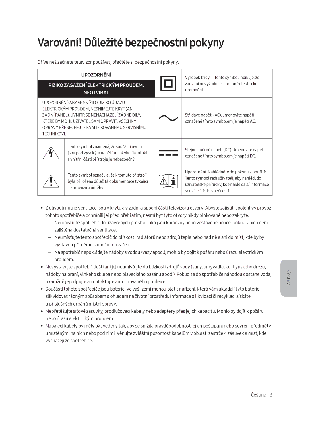 Samsung QE65Q8CAMTXZG, QE55Q8CAMTXXH manual Varování! Důležité bezpečnostní pokyny, Riziko Zasažení Elektrickým Proudem 