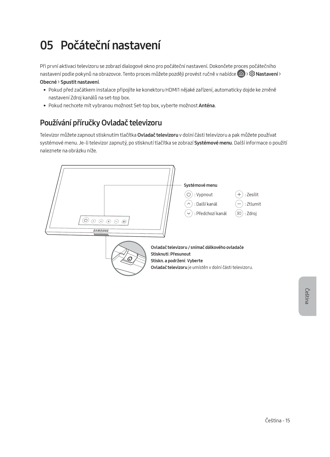 Samsung QE55Q8CAMTXZG, QE65Q8CAMTXZG, QE55Q8CAMTXXH manual 05 Počáteční nastavení, Používání příručky Ovladač televizoru 