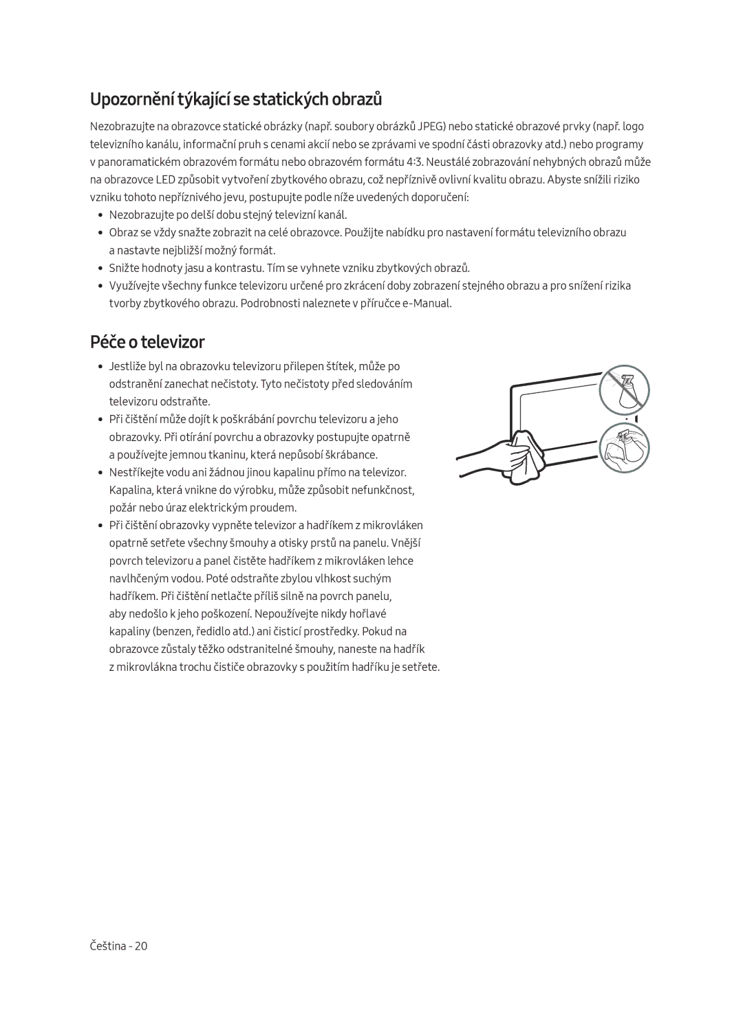 Samsung QE75Q8CAMTXXH, QE65Q8CAMTXZG, QE55Q8CAMTXXH manual Upozornění týkající se statických obrazů, Péče o televizor 