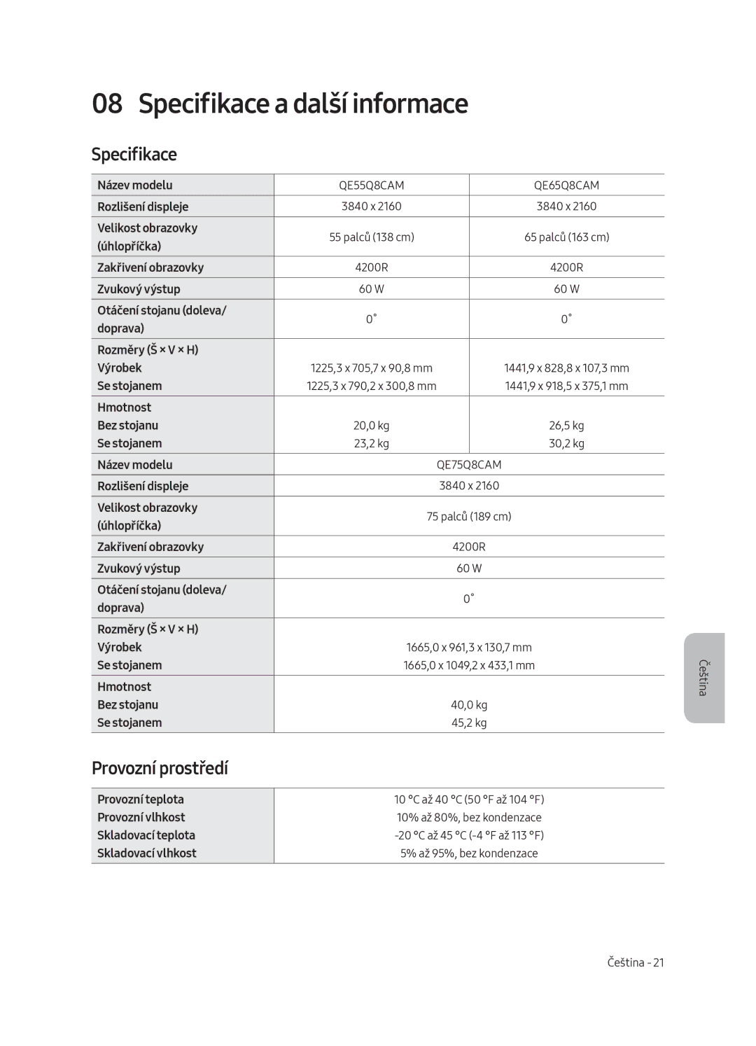 Samsung QE65Q8CAMTXZG, QE55Q8CAMTXXH, QE65Q8CAMTXXH, QE55Q8CAMTXZG manual Specifikace a další informace, Provozní prostředí 