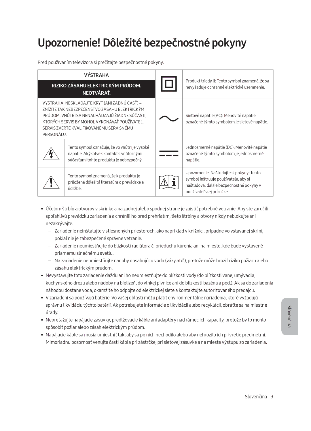 Samsung QE75Q8CAMTXZG, QE65Q8CAMTXZG manual Upozornenie! Dôležité bezpečnostné pokyny, Riziko Zásahu Elektrickým Prúdom 