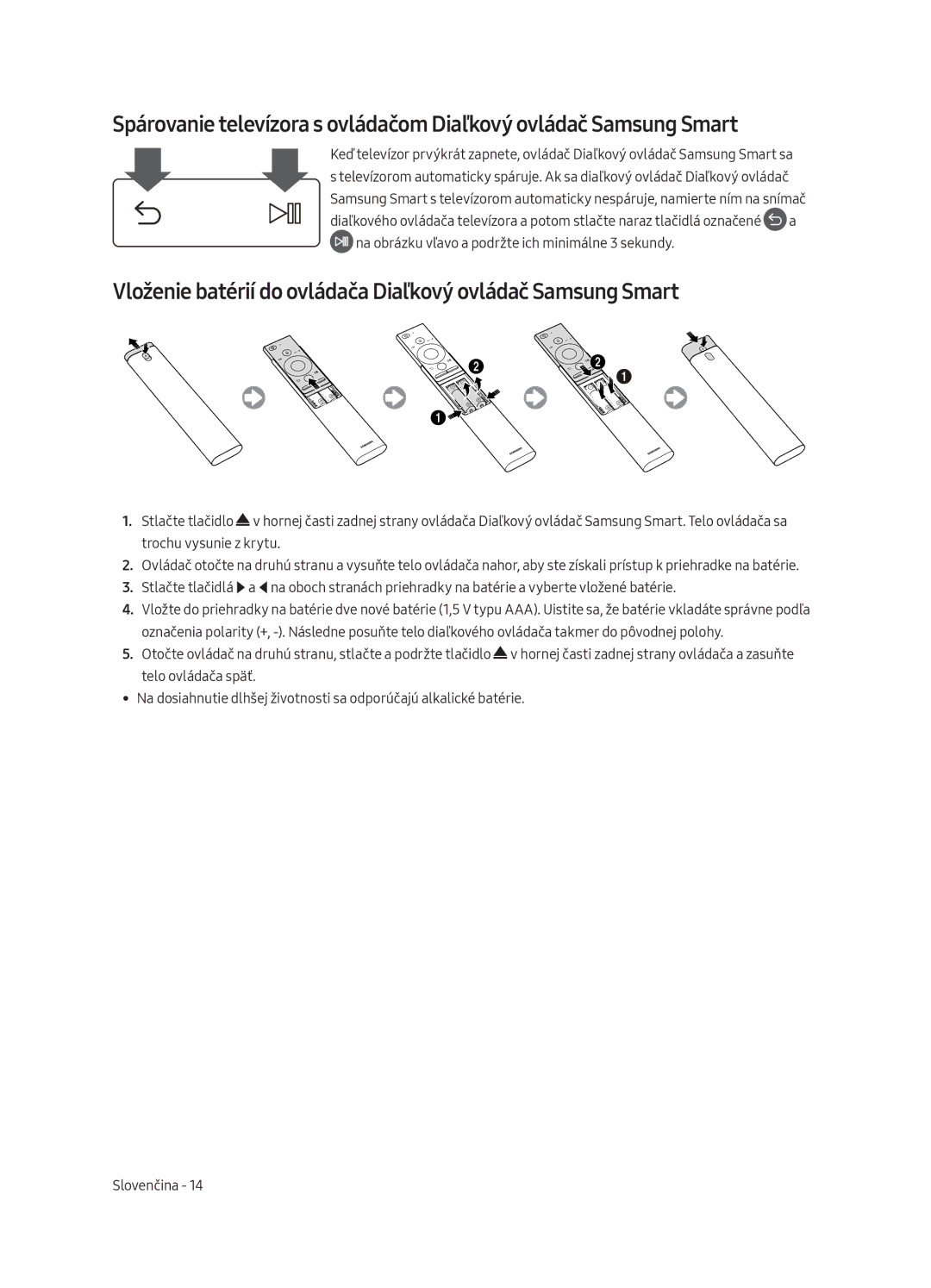 Samsung QE55Q8CAMTXXC, QE65Q8CAMTXZG, QE55Q8CAMTXXH manual Vloženie batérií do ovládača Diaľkový ovládač Samsung Smart 