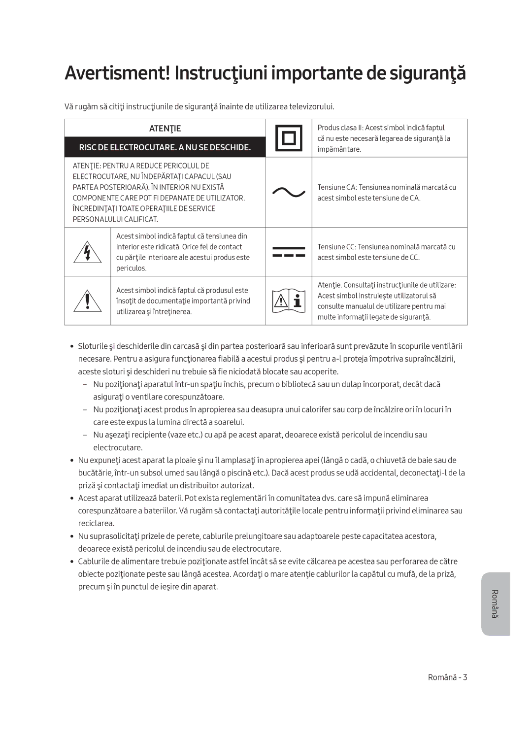 Samsung QE75Q8CAMTXXH, QE65Q8CAMTXZG, QE55Q8CAMTXXH, QE65Q8CAMTXXH manual Avertisment! Instrucţiuni importante de siguranţă 