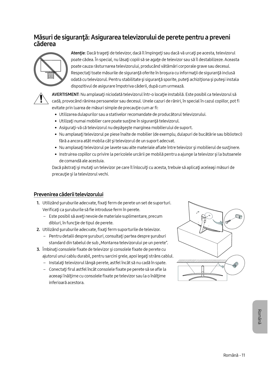 Samsung QE75Q8CAMTXXC, QE65Q8CAMTXZG, QE55Q8CAMTXXH, QE65Q8CAMTXXH, QE55Q8CAMTXZG manual Prevenirea căderii televizorului 