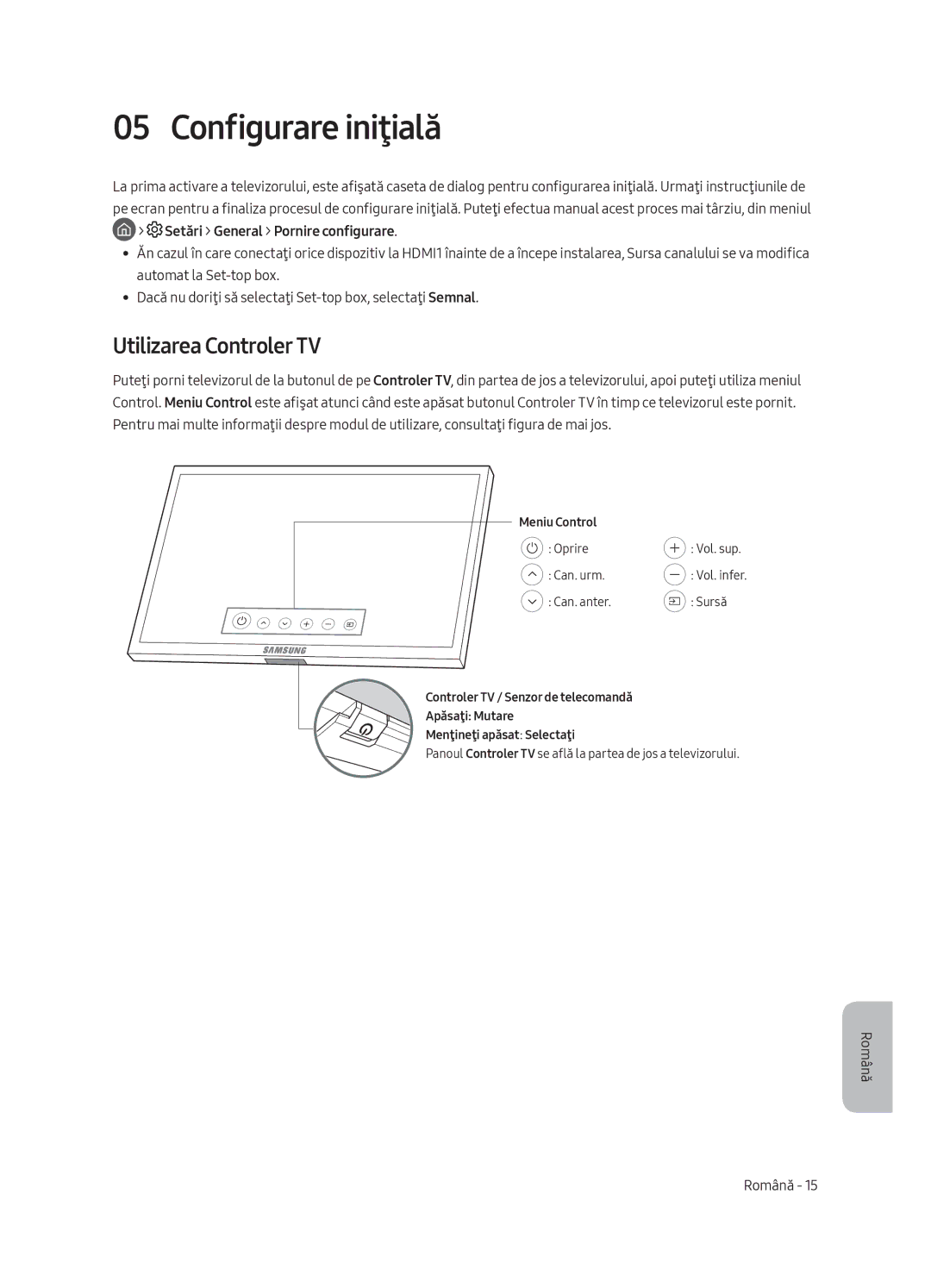 Samsung QE65Q8CAMTXXH, QE65Q8CAMTXZG, QE55Q8CAMTXXH, QE55Q8CAMTXZG manual Configurare iniţială, Utilizarea Controler TV 