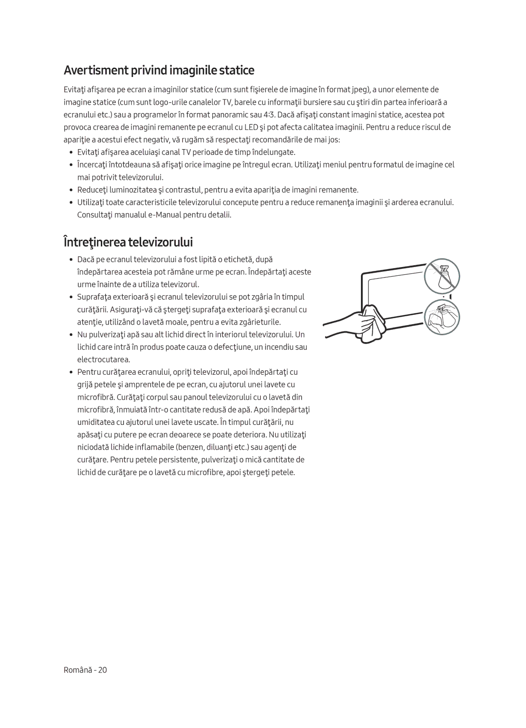 Samsung QE75Q8CAMTXXC, QE65Q8CAMTXZG, QE55Q8CAMTXXH manual Avertisment privind imaginile statice, Întreţinerea televizorului 