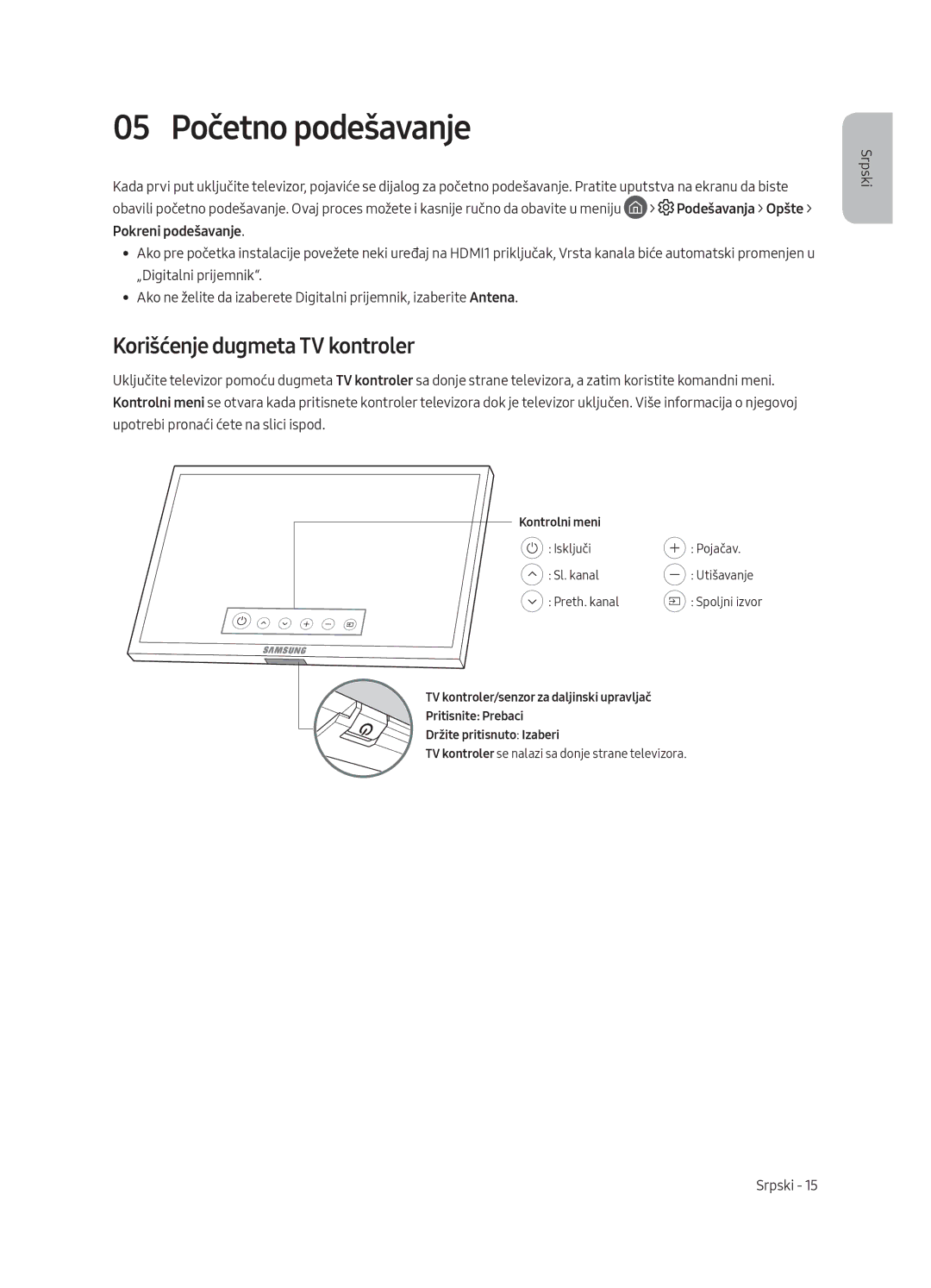 Samsung QE55Q8CAMTXXC, QE65Q8CAMTXZG, QE55Q8CAMTXXH, QE65Q8CAMTXXH 05 Početno podešavanje, Korišćenje dugmeta TV kontroler 