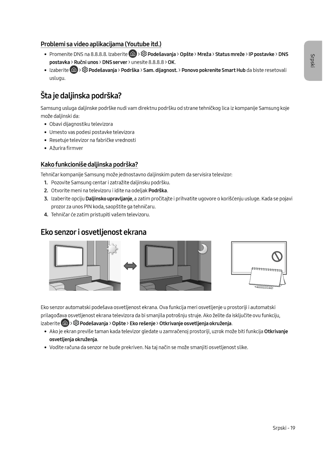 Samsung QE55Q8CAMTXXH Šta je daljinska podrška?, Eko senzor i osvetljenost ekrana, Kako funkcioniše daljinska podrška? 