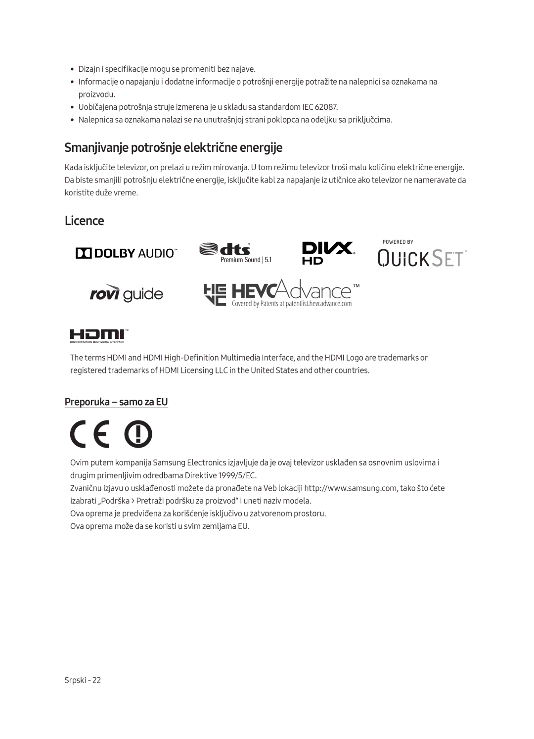 Samsung QE75Q8CAMTXZG, QE65Q8CAMTXZG, QE55Q8CAMTXXH, QE65Q8CAMTXXH manual Smanjivanje potrošnje električne energije, Licence 