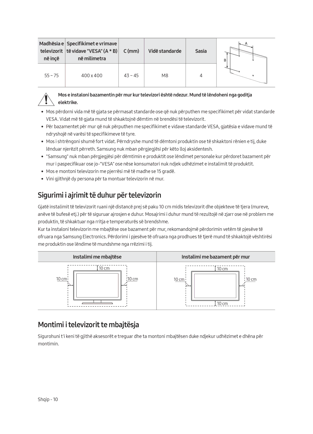 Samsung QE65Q8CAMTXXC, QE65Q8CAMTXZG manual Sigurimi i ajrimit të duhur për televizorin, Montimi i televizorit te mbajtësja 