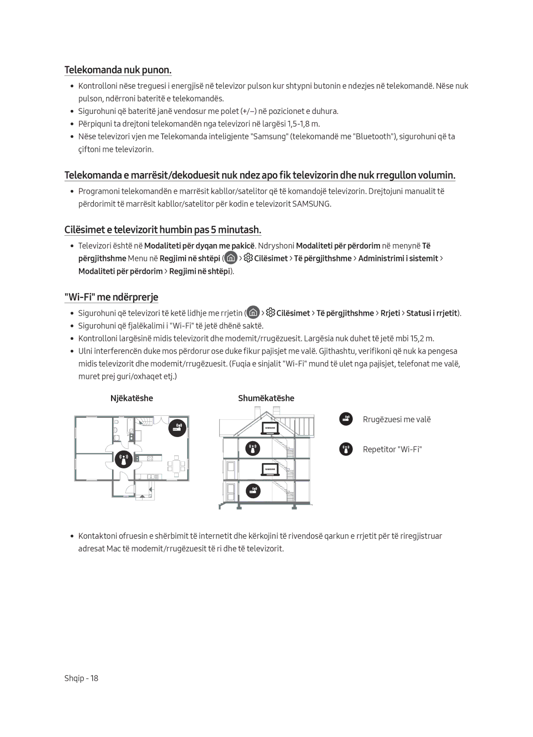 Samsung QE75Q8CAMTXZG manual Telekomanda nuk punon, Cilësimet e televizorit humbin pas 5 minutash, Wi-Fi me ndërprerje 